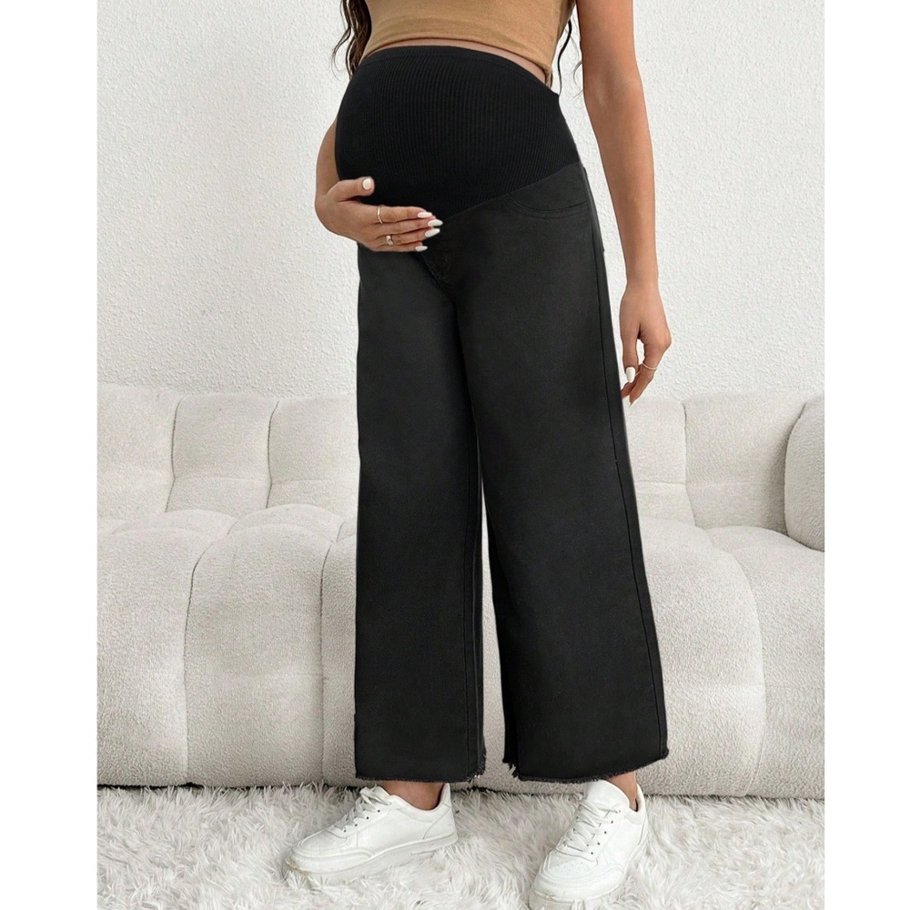 Maternity Wide Stretchy Waist Raw Hem Wide leg Denim Jeans